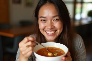 A smiling customer enjoying a warm bowl of Sup Bonda Delights soup